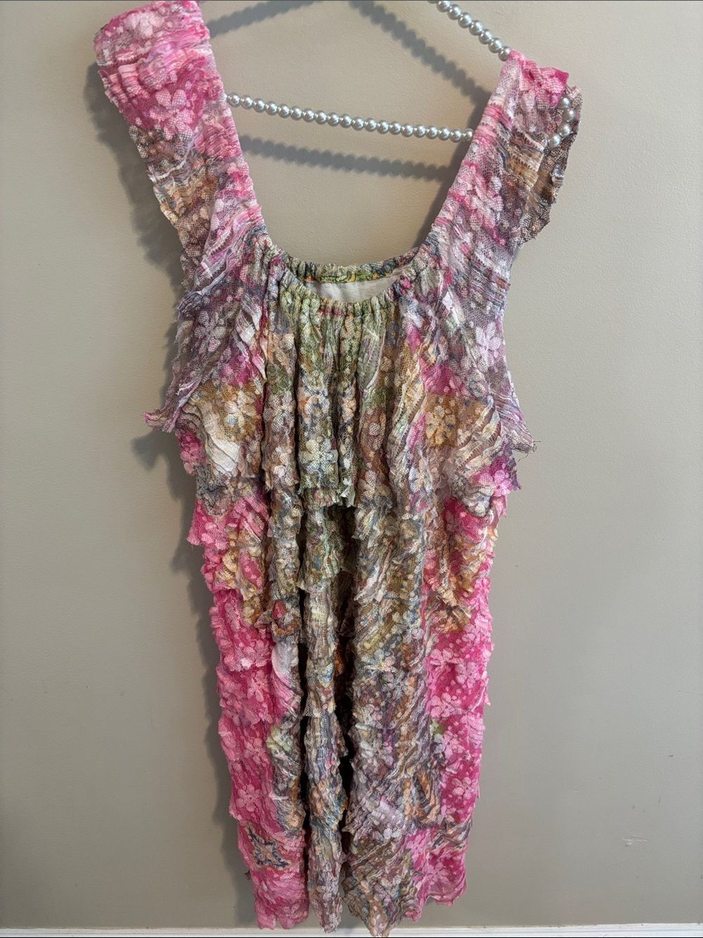 VTG Y2K Whimsigoth Fairycore Tiered Ruffle Mesh Midi Dress Pink Floral